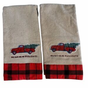 Set of 2 Christmas Farmhouse Beige Towels with Red Truck & Buffalo Plaid Design
